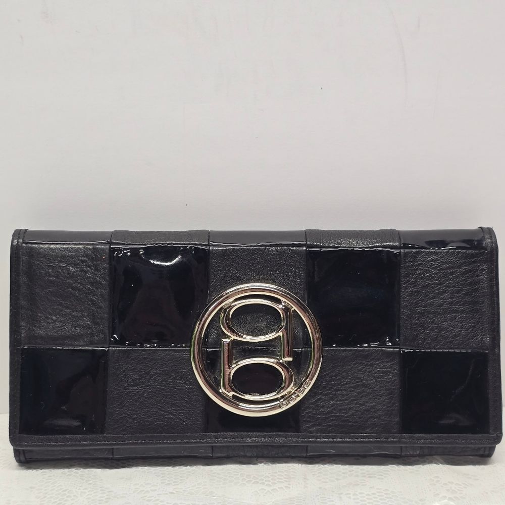 BEBE Vintage Checked Genuine Black Mixed Leather Trifold Wallet Checkbook Holder